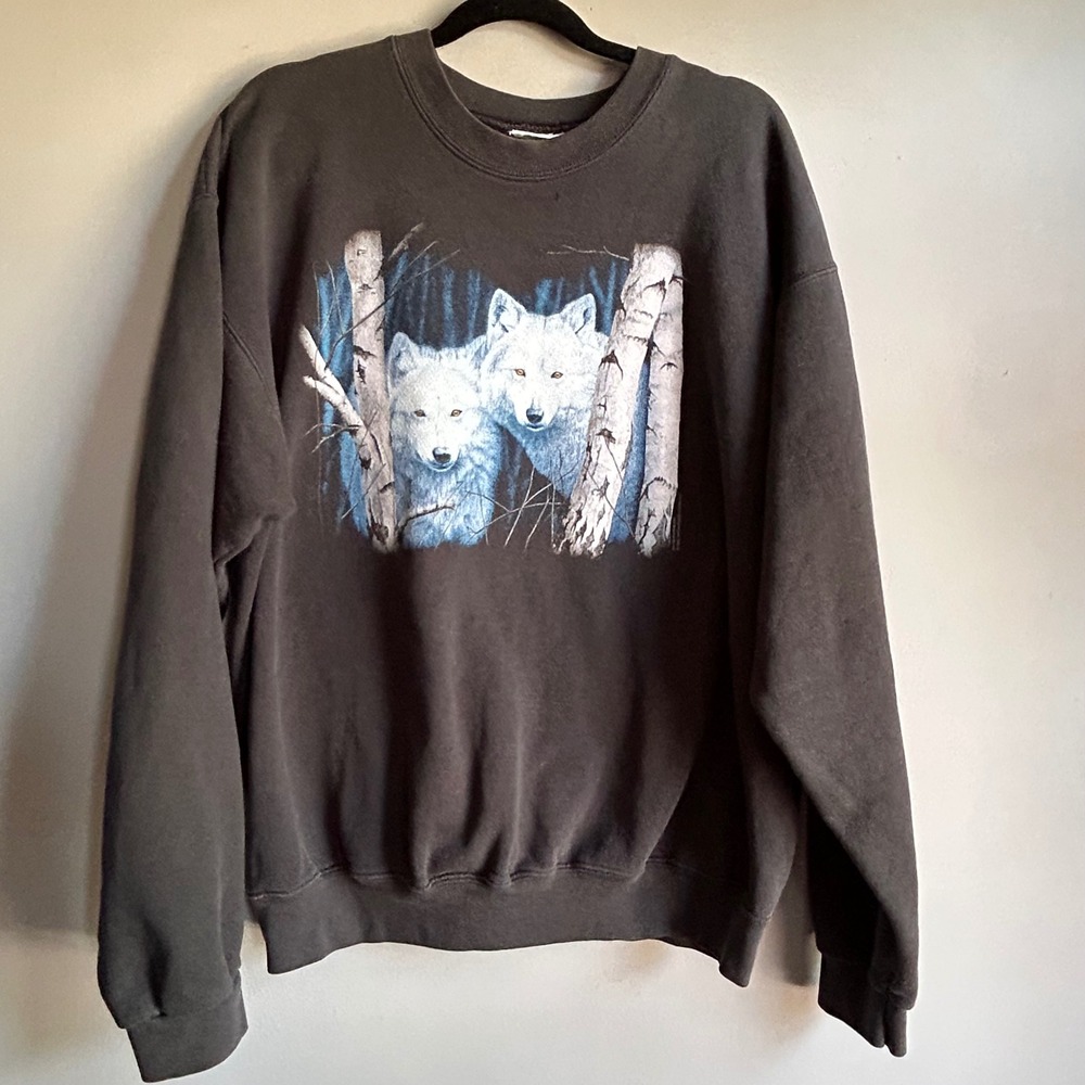 Vintage Anvil Wolf Graphic Sweatshirt Faded Black Crewneck Large 90s Nature